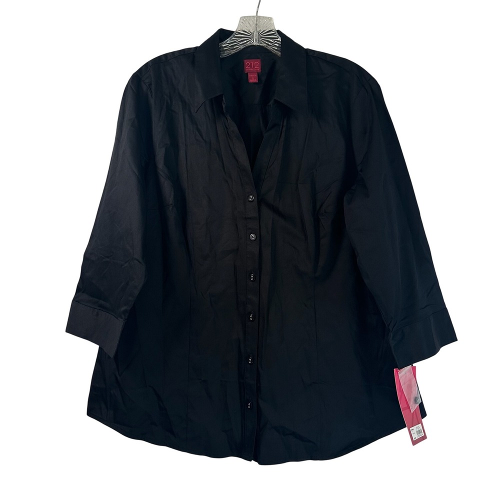 212 Collection Womens XL Black 3/4 Sleeve Stretch Button Down Shirt NWT